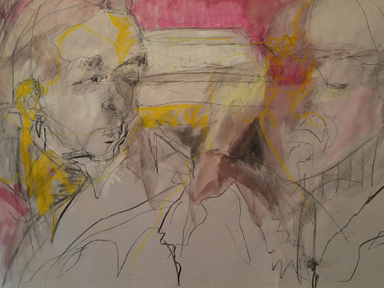 "Castelli and Rauschenberg in Car" by Mary Montes. Charcoal, Pastel and Watercolor on Paper, 24 x 36 inches. Courtesy of Sag Harbor Whaling Museum.
