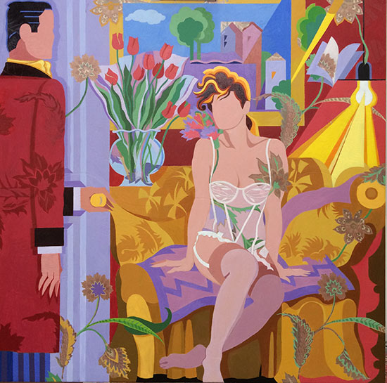 "The Secret Affair" by Giancarlo Impiglia. Acrylic on silk, 52 x 52 inches Courtesy of Counterpoint Contemporary.