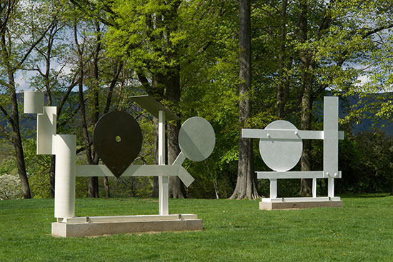 "Primo Piano II" by David Smith, 1962. Painted steel, stainless steel, and bronze. 85 x 158 x 15 inches; "Primo Piano III" by David Smith, 1962. Painted steel. 124 x 146 x 19 inches. All works courtesy The Estate of David Smith, New York; courtesy Hauser & Wirth. Art © The Estate of David Smith/Licensed by VAGA, New York, NY. Photo: Jerry l. Thompson.