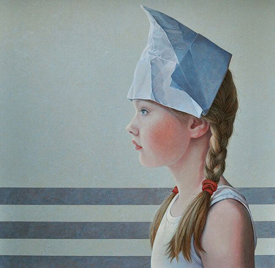 "Hoedje Van Papier - Paper Hat" by Jantina Peperkamp. Acrylic on wood, 11 x 11 inches. Courtesy of RJD Gallery