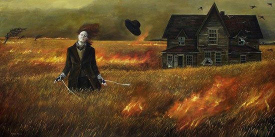 "No Turning Back" by Andrea Kowch, 2008. Acrylic on canvas, 24 × 48 inches. Courtesy Curiator.com via pinterest.