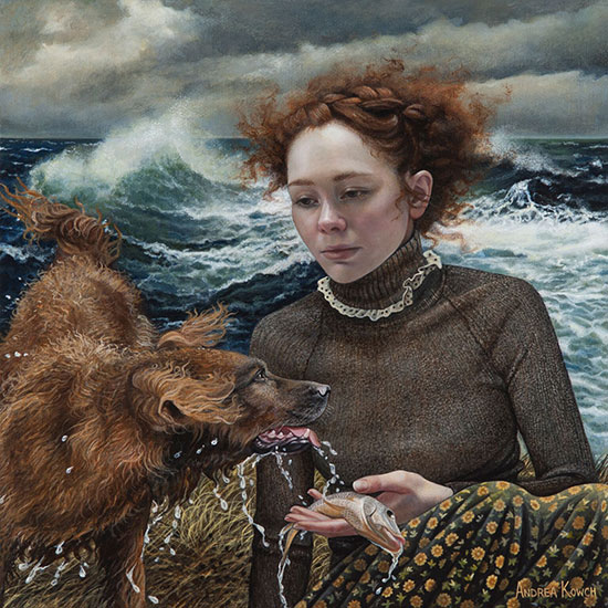 "Fetch" by Andrea Kowch, 2017. Acrylic on canvas, 10 x 10 inches. Courtesy of RJD Gallery.
