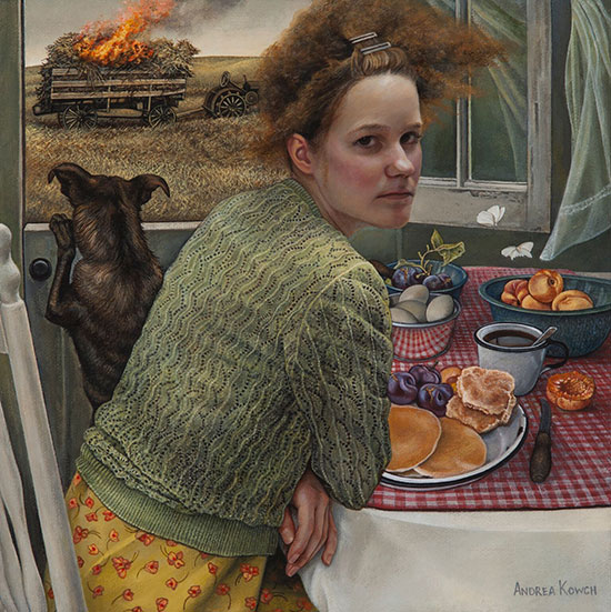 "Flame" by Andrea Kowch, 2017. Acrylic on canvas, 10 x 10 inches. Courtesy of RJD Gallery.