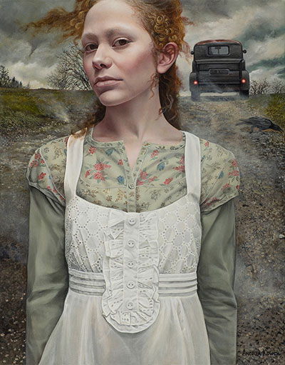 "Gust" by Andrea Kowch, 2016. Acrylic on canvas, 18 x 14 inches. Courtesy of RJD Gallery.