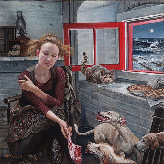 "High Tide" by Andrea Kowch, 2016. Acrylic on canvas, 8 x 8 inches. Courtesy of RJD Gallery.