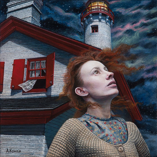 "Night Watch" by Andrea Kowch, 2016. Acrylic on Canvas, 8 x 8 inches. Courtesy of RJD Gallery.