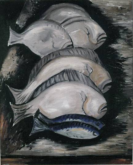 "Chez Prunier (Still Life with Seven Fish)" by Marsden Hartley c.1924. Oil on canvas, 32 x 25 3/4 inches. Courtesy Janet Lehr Fine Arts.