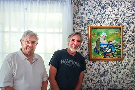 Artists Gene Samuelson and Frank Sofo with a portrait of Samuelson by Sofo. Photo: Dakota Arkin Cafourek.