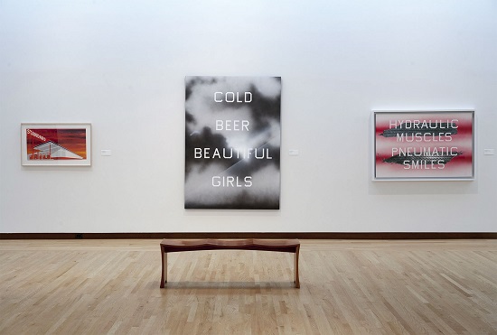 Art by Ed Ruscha installed at NBMAA's exhibition “California Dreaming: Ed Moses, Billy Al Bengston & Ed Ruscha.” Courtesy of the New Britain Museum of American Art.