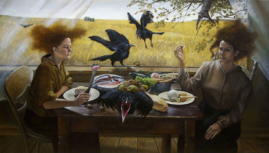 "Unexpected Company" by Andrea Kowch, 2008. Acrylic on canvas, 36 x 60 inches. Courtesy Combustus.com.