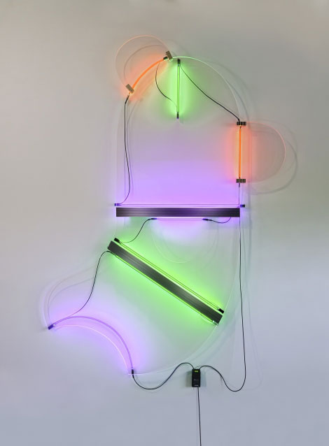 "Shmoo - O.G.V." by Keith Sonnier 2013 (Elysian Plain Series). Neon, acrylic, aluminum, electrical wire, transformer. 131 x 92 1/2 x 4 inches. Courtesy of the Artist and Pace Gallery, New York. Photograph: © Caterina Verde. Courtesy Parrish Art Museum.