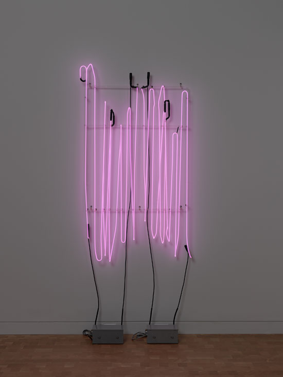 "My Last Name Exaggerated Fourteen Times Vertically" by Bruce Nauman, 1967. Neon tubing with clear glass tubing suspension frame, 63 × 33 × 2 inches. Glenstone Museum, Potomac, Maryland. © 2018 Bruce Nauman/Artists Rights Society (ARS), New York. Photo: Tim Nighswander/ Imaging4Art.com. Courtesy of The Museum of Modern Art.