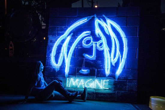 Neon light installation by Clayton Orehek, 2018. Photograph by Michael Zinn. Courtesy of Art in the Park.