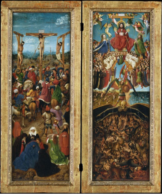 "The Crucifixion; The Last Judgment" by Jan van Eyck and Workshop Assistant, 1440–41. Oil on canvas, transferred from wood. Courtesy of The Parrish Art Museum.