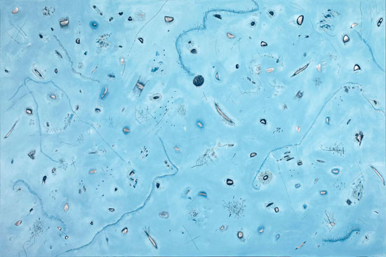 "Sea Surface Full of Clouds" by Abby Leigh, 2018. Paint, pigment, oil, and, wax on dibond panels scraped, sanded, pierced and, sledgehammered, 50 x 75 inches. Courtesy of Johannes Vogt and the artist.
