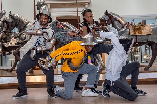 Rehearsal photos of Flex dancers rehearsing: Battle! Hip-Hop in Armor in the Arms and Arms Gallery at the Met, 2018. 