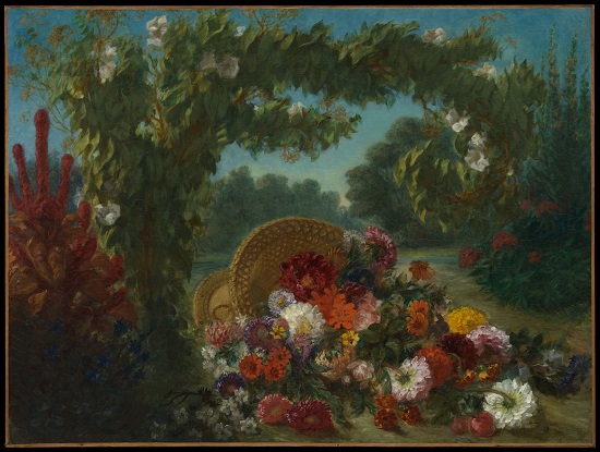 Eugène Delacroix (French, 1798–1863). "Basket of Flowers," 1848–1849. Oil on canvas. 42 1/4 x 56 inches. (107.3 x 142.2 cm). The Metropolitan Museum of Art, Bequest of Miss Adelaide Milton de Groot (1876–1967), 1967 (67.187.60). Image © The Metropolitan Museum of Art.