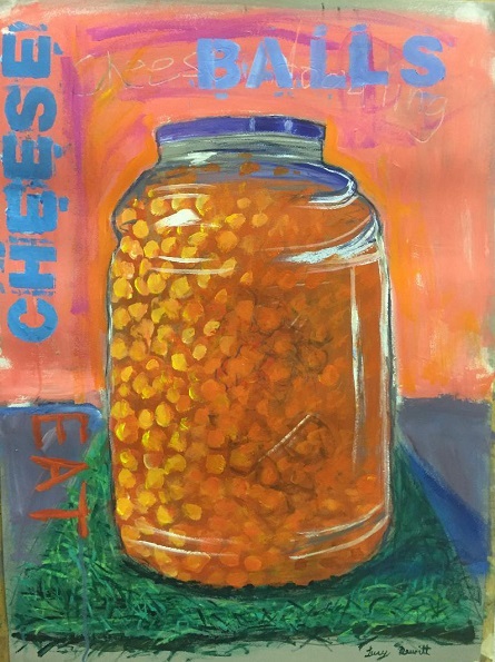 "Eat Cheese Balls" by Lucy Dewitt, 2018. Acrylic on paper. Courtesy of the artist.