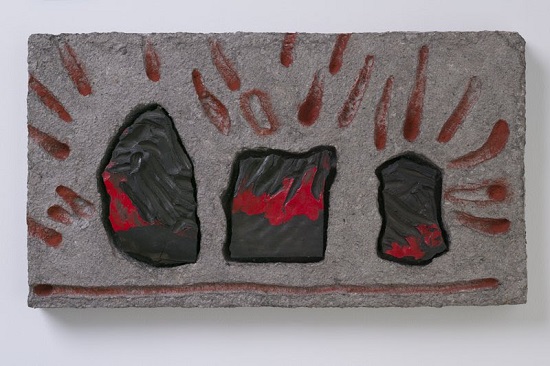 “3 Fires" by Erika Verzutti, 2018. Paper mache and rock clay, 15.55 x 28.54 x 2.76 inches. Image courtesy of the artist and Misako & Rosen.