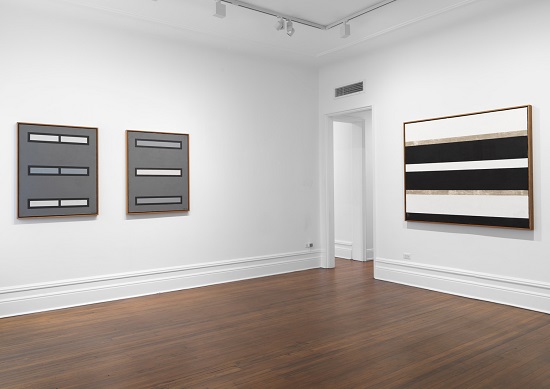 Installation of "Huang Rui: Zen Space" at Boers Li with "Ying and Yang No. 3" and "Ying and Yang No. 1" on left and "Zen Space - Wood" on right. Each "Ying and Yang" painting is oil on canvas, 39.40 by 31.50 inches, 1984. "Zen Space - Wind" is oil on canvas, 52. 50 x 61 inches. Courtesy of the artist and Boers-Li Gallery New York.