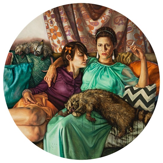 "Two Sisters with Roadkill" by Cara De Angelis, 2016. Oil on linen, 41 inch diameter. Courtesy of the artist.