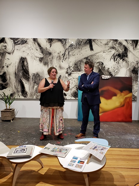 SAC Artistic Director Amy Kirwin and Executive Director Tom Dunn welcome the crowd at the Opening Reception of "Artist Take Over!" at the Southampton Arts Center on February 9, 2019. Photo by Pat Rogers.