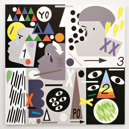 “Untitled (Yo 123)” by Nina Chanel Abney, 2015. Unique ultrachrome pigmented print, spray paint, and acrylic on canvas, 56 × 56 inches. Private collection. Courtesy of Kravets Wehby Gallery (New York, NY); the Nasher Museum of Art at Duke University (Durham, NC) and Neuberger Museum of Art at SUNY Purchase (Purchase, NY). © Nina Chanel Abney.