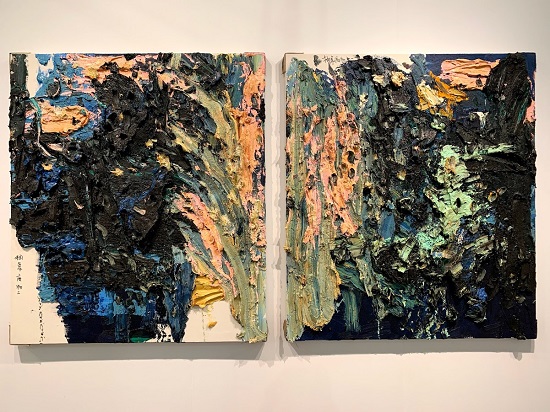 "Abstract Rubbish 1" and "Abstract Rubbish 2" by Zhu Jinshi, 2014. Oil on canvas, 63 x 55 1/8 inches each. Exhibited by PearlLam Galleries at The Armory Show 2019. Photo by Joanna Gmuender.