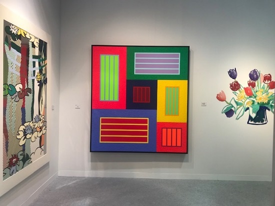 "Time Lapse" by Peter Halley, 2014, center, flanked by art by Tom Wesselman and Roy Lichtenstein exhibited by David Benrimon Fine Art at The Armory Show. Acrylic, fluorescent acrylic and roll-a-tex on canvas, 77 x 70 inches. Photo by Franklin Perrell.