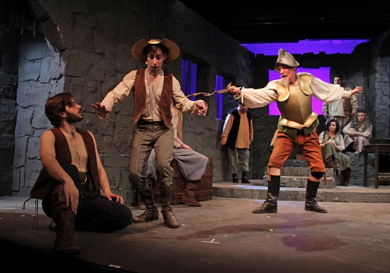 Kyle Breitenbach, Andrew Gasparini and Matthew Conlon rehearse for  Hampton Theatre Company' production of "Man of La Mancha" at the Quogue Community Hall. Photo by Tom Kochie.