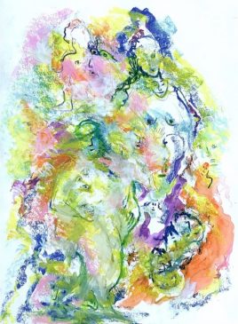 "Fusion 41" by Caroline Kaplowitz, 2018. Gouache, pastel & watercolor on paper, 16 x 12 inches.