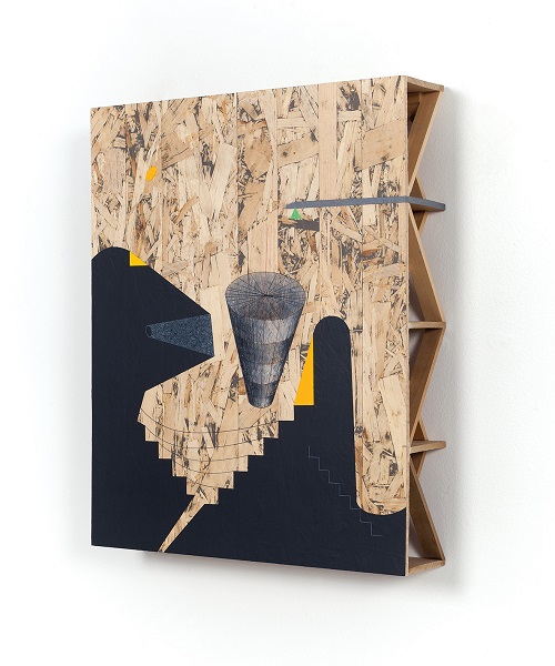 “H R 6-12” by Robert Huff, 2012. Acrylic, pencil, OSB, 20 x 16 x 4 inches. Courtesy Letter 16 Press