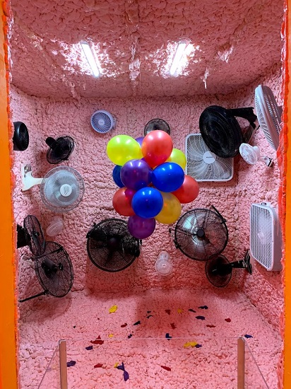 "High Maintenance" by Graham Wilson, 2019. Installation, pink insulation, fans and balloons. Curated by Lux Yuting Bai for Spring/Break Art Show 2019. Photo by Joanna Gmuender.