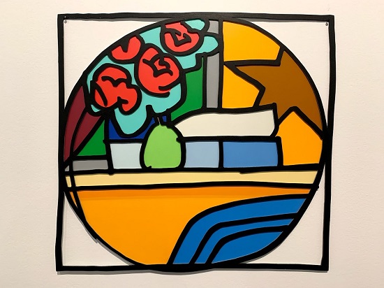 "Still Life with Four Roses and Pear (Blue Pillow) (With Black)" by Tom Wesselmann, 1968. Alkyd on laser cut steel, filled in. 22 x 23 1/2 inches. Exhibited with bernard jacobson gallery at The Armory Show 2019. Photo by Joanna Gmuender.