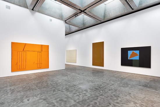 Installation of "Sheer Presence: Monumental Paintings by Robert Motherwell" at Kasmin. From left is "Open No. 97: The Spanish House, 1969"; "Open in Grey with White Edge," 1971; "Open No. 60: In Mottled Brown and Green," 1968-70; and "The Forge," 1965-66/1967-68. © 2019 Dedalus Foundation, Inc. / Licensed by VAGA at Artists Rights Society (ARS), NY.  Photography by Diego Flores. Courtesy of Kasmin.