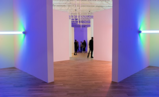 Installation view: Dan Flavin: cornered fluorescent light, Mana Contemporary, 2018. Photo: Paul Jun, Courtesy of Mana Contemporary and Parrish Art Museum.