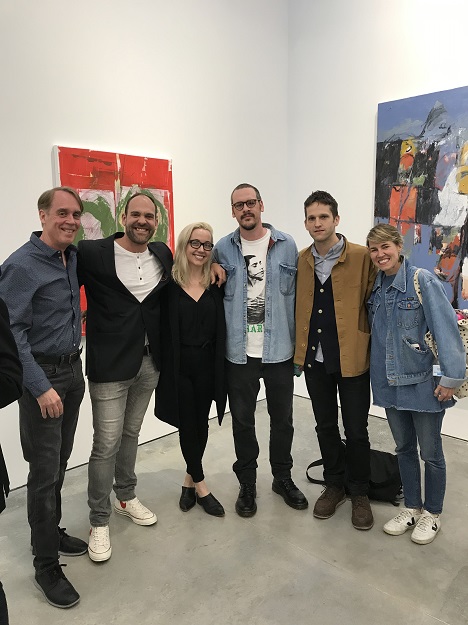 Curator Paul Efstathiou (second from the left) with exhibiting artists (left to right) Gary Petersen, Margaux Ogden, Ted Gahl, Matt Phillips, and Clare Grill at the opening reception of "Highline: The High Line" at Hollis Taggart. Courtesy of Paul Efstathiou. 