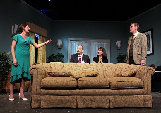 Rebecca Edana, Andrew Botsford, Rosemary Cline, Matthew Conlon in rehearsal for "Private Lives" performed May 23 - June 9, 2019 at Hampton Theatre Company in Quogue, NY. Photo by Tom Kochie. Courtesy HTC.