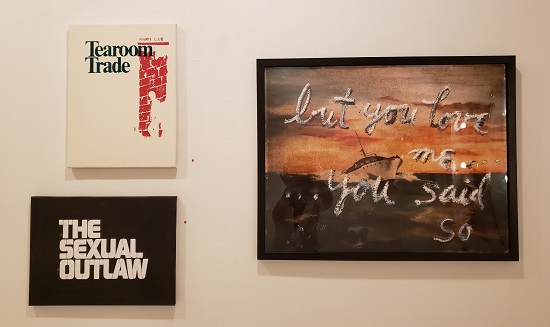 Top left: "Tea Room Trade" by Dean Sameshima, 2013. Silkscreen on canvas, 15.75 x 11.5 inches. Bottom left: "Sexual Outlaw" by Dean Sameshima, 2012. Edition 55, Silkscreen on canvas 11.5 x 15.75. Right: "but you love me, you said so" by Rene Ricard, 2011. Archival inkjet on paper, 20 x 25 inches. Signed en verso. Photo: Pat Rogers.