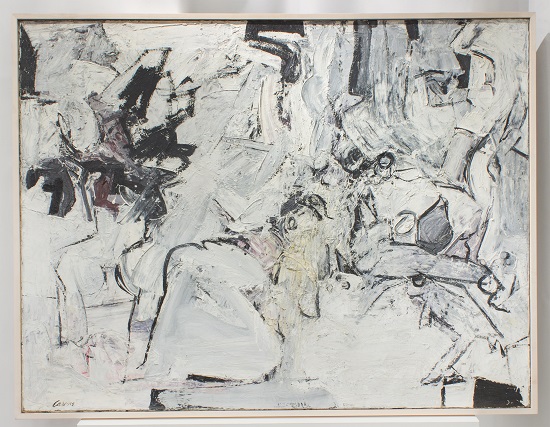 “Wake + Tide” by Nicolas Carone, 1956. Oil on linen, 34.25 x 44.75 inches. Signed recto lower left: Carone. Signed verso top right: Nicolas Carone/Wake + Tide/1956. Courtesy of Loretta Howard Gallery. 