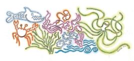 "The Amniotic Sea" by Caroline Waloski. Pen, ink, color markers, water colors (working drawing for wall neon mural installation). Finished wall dimensions approximately 16 x 9 feet. Courtesy of artist.