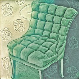 “Who's Been Sitting In My Chair V” by Caroline Waloski. Etching, aquatint, blind emboss (printed from three copper plates), 5.25 x 5.25 inches. Courtesy of the artist.