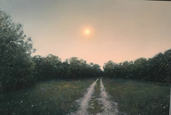 "Moonrise Long Island Country Road" by Adam Straus, 2005. Oil in canvas encased in lead , 22 x 28 x 28 x 2 1/2 inches. Courtesy of Nohra Haime Gallery.