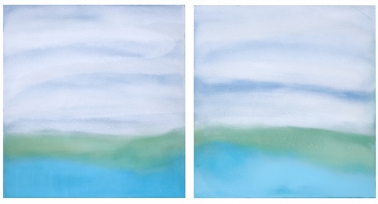"Untitled (Blue/Green)" by Susan Vecsey, 2019. Oil on paper, 34 x 64 inches. Courtesy Quogue Gallery.