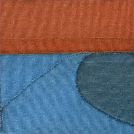 "Untitled (Orange/Blue)" by Susan Vecsey, 2019. Oil on collaged linen, 12 x 12 inches. Courtesy Quogue Gallery.