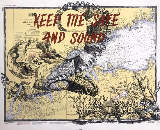 "Keep Me Save and Sound" by Kara Hoblin, 2019. Pen and ink with watercolor on vintage nautical map. Courtesy Greenport Harbor Brewing Company.