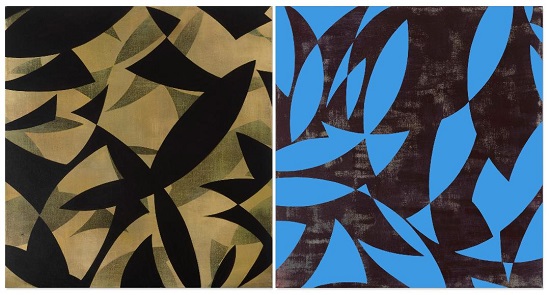 "Blackbird" by Janet Goleas, 2019. Acrylic on linen, 38 x 72 inches, diptych. Courtesy Sara Nightingale Gallery.