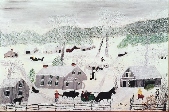 Grandma Moses (1860-1961), "Green Sleigh," 1960. Oil on pressed wood, 16 x 24 inches. Private collection, Courtesy Galerie St. Etienne, New York, © 1960, Grandma Moses Properties Co., New York (renewed 1988). Courtesy Nassau County Museum of Art.