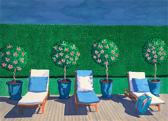 "Pool Chairs" by Geoff Disston, 2019. Acrylic on canvas and pastel, 36 x 48 inches. Courtesy Quogue Gallery.