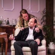 Kristin Whiting, as Claire, with her brother-in-law Tobias, played by John Leonard in Edward Albee's "A Delicate Balance" at Southampton Cultural Center. Photo by Dane DuPuis. Courtesy SCC.